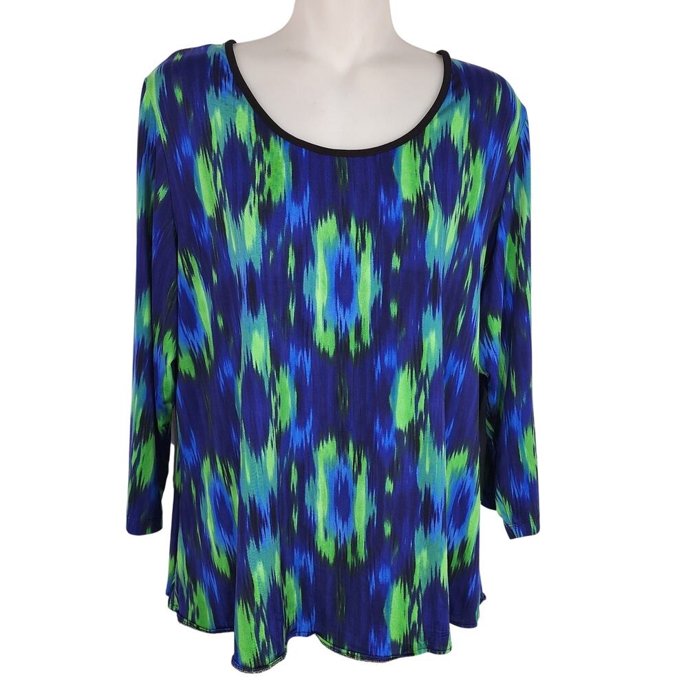 Peter Nygard Womens Top 1X Blue Green Abstract Print 3/4 Sleeve Artsy Colorful